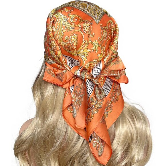 Women Orange Golden Headscarf Satin Bandana Pattern Polyester Breathable Scarves - Picture 3 of 6